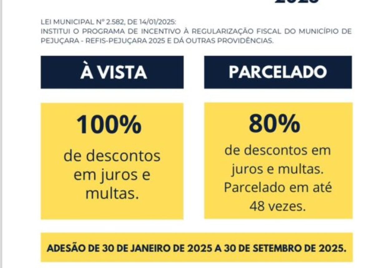 REFIS 2025: Administração Municipal de Pejuçara oferece descontos de até 100% sobre juros e multas de mora para regularização de dívidas