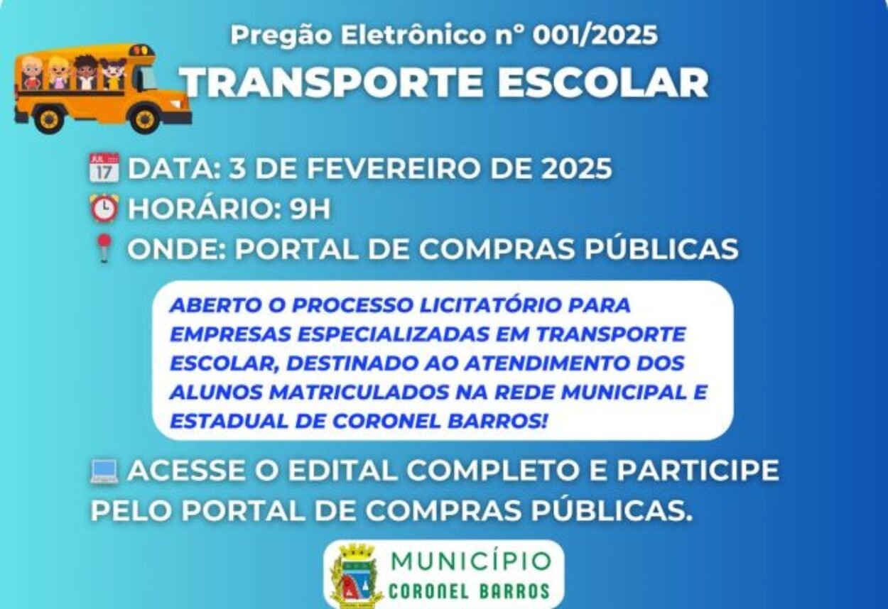 Prefeitura de Coronel Barros abre licitação para transporte escolar Prefeitura de Coronel Barros abre licitação para transporte escolar
