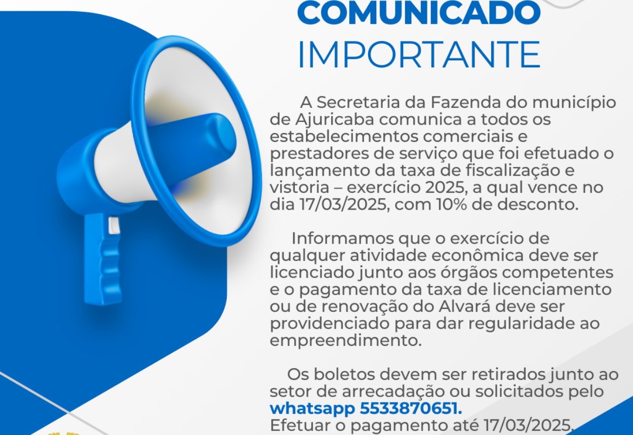Secretaria da Fazenda informa sobre lançamento da Taxa de Fiscalização e Vistoria