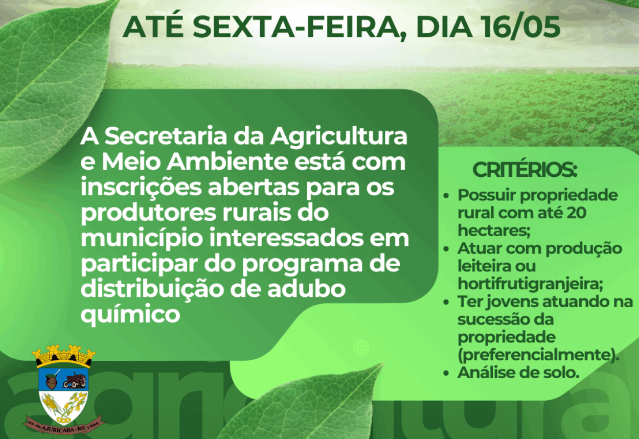 Inscrições para programa de distribuição de adubo químico encerram amanhã