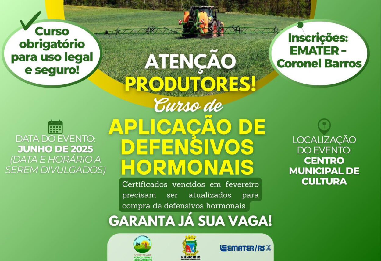 Curso sobre Aplicação de Defensivos Agrícolas Hormonais será realizado em junho em Coronel Barros