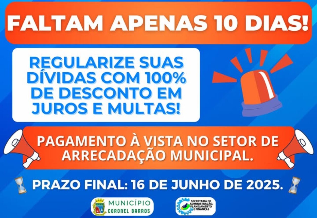 A contagem regressiva começou! Faltam 10 dias para aproveitar o benefício de 100% de desconto nos juros e multas das dívidas municipais.
