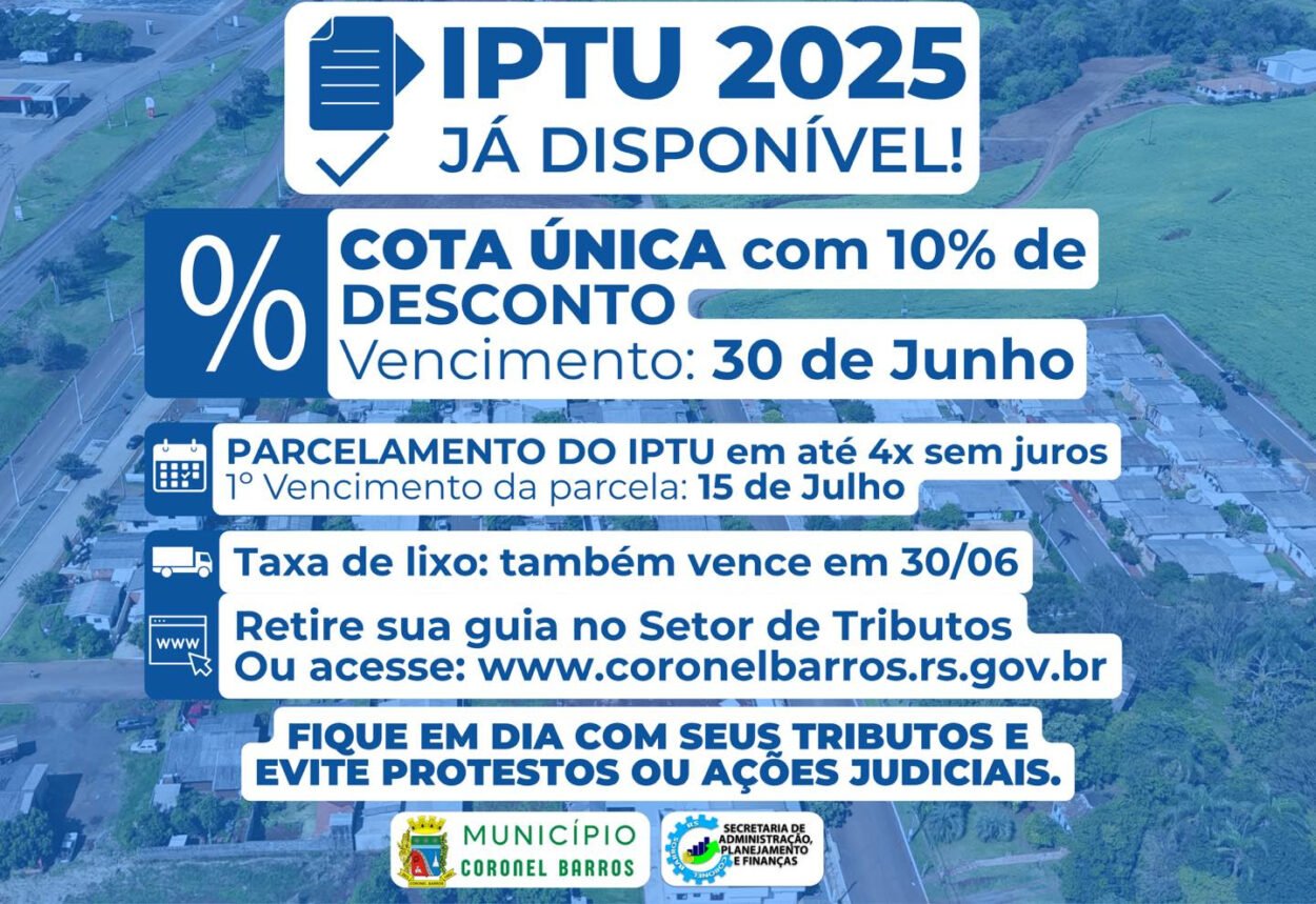 IPTU 2025 já está disponível para pagamento em Coronel Barros IPTU 2025 já está disponível para pagamento em Coronel Barros